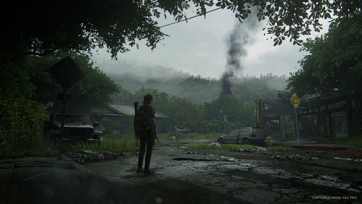 Eli mirando a la ciudad donde todo esta destruido en un dia gris