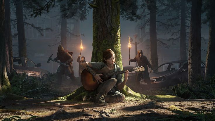 eli tocando la guitarra apoyada en un arbol mientras atras se acercan enemigos armados